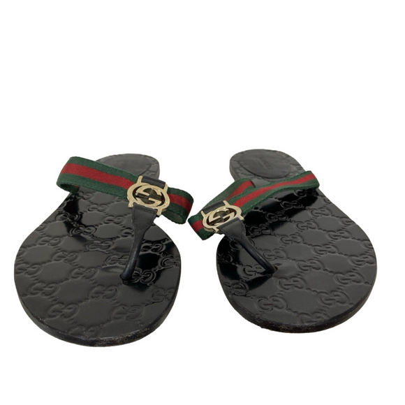 Gucci Interlocking GG Red Green Web Stripe Black Flat Thong Sandal Sz 38 US 8 - Picture 5 of 7